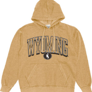 gold womens hooded sweatshirt with design center chest. design is block wyoming with shadow and bucking horse centered below