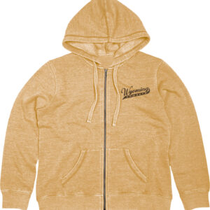 front of mustard hooded jacket with small design left chest. design is script wyoming slanted with cowboys below.