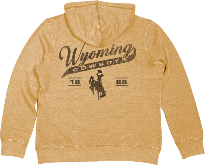 back of mustard hood with design centered. design is a script wyoming with cowboys below and an 1886 and bucking horse below that