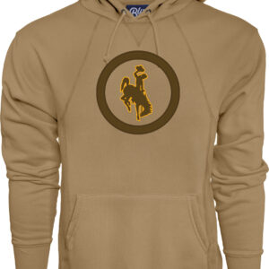 russet hooded sweatshirt with design center chest, design is a brown bucking horse with gold outline and a brown circle around it