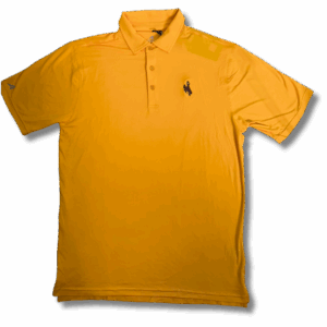 gold antigua polo with small brown bucking horse on left chest. gold three button placket.