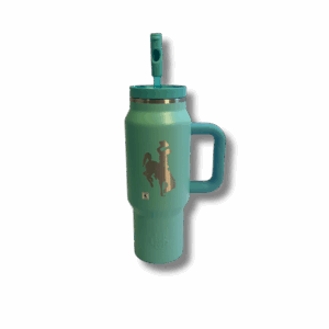 light blue 30oz. travel tumbler with handle and straw lid. has etched bucking horse on one side