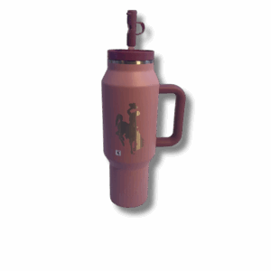 rose colored 40oz straw lid tumbler. has etched bucking horse on one side
