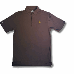 brown antigua polo with small gold emblem on left chest. has three button placket.