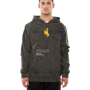 model wearing brown sweatshirt has gold bucking horse center chest with wyoming lettering with laramie, wy and established 1886 in white left centered above front pocket