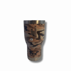 camo 30oz insulated tumbler. has flip lid on top with a etched bucking horse on the side.