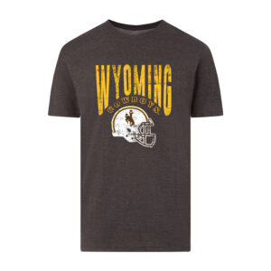 dark grey tee shirt with gold wyoming lettering arched above cowboys lettering and has a white football helmet below.