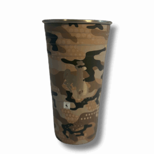24 ounce, stainless steel cup with lid. Camo coloring with an etched bucking horse on front.