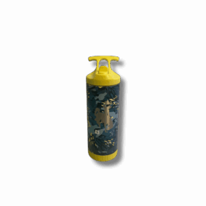18 oz. waterbottle with lime green flip lid and carrying handle. has camp pattern in grey, black and lime green all over and bucking horse on the front