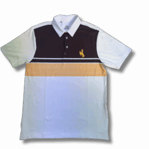 under armour polo with white body and brown chest panel. has gold stripes horizontally below. has three button placket to collar and a gold bucking horse left chest