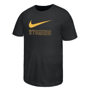 dark grey youth nike tee with big gold nike swoosh and wyoming lettering below, all centered on chest