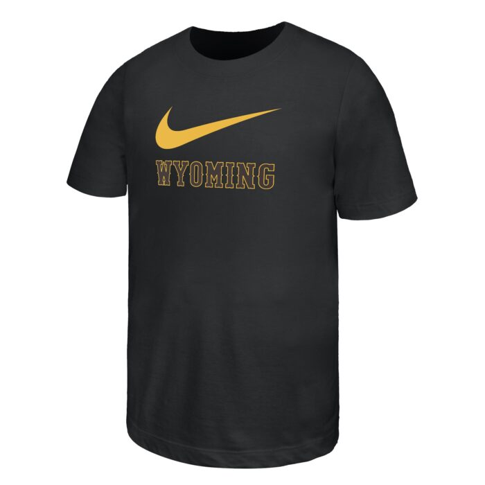 dark grey youth nike tee with big gold nike swoosh and wyoming lettering below, all centered on chest