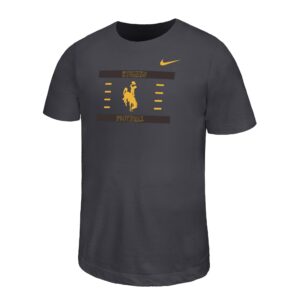 grey nike youth tee design is wyoming bucking horse cowboys with gold lines to the left and right of bucking horse. has small gold swoosh left chest