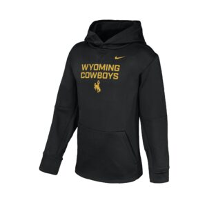 black nike hoodie with gold design center chest. design is wyoming cowboys bucking horse with gold swoosh at top left centered.