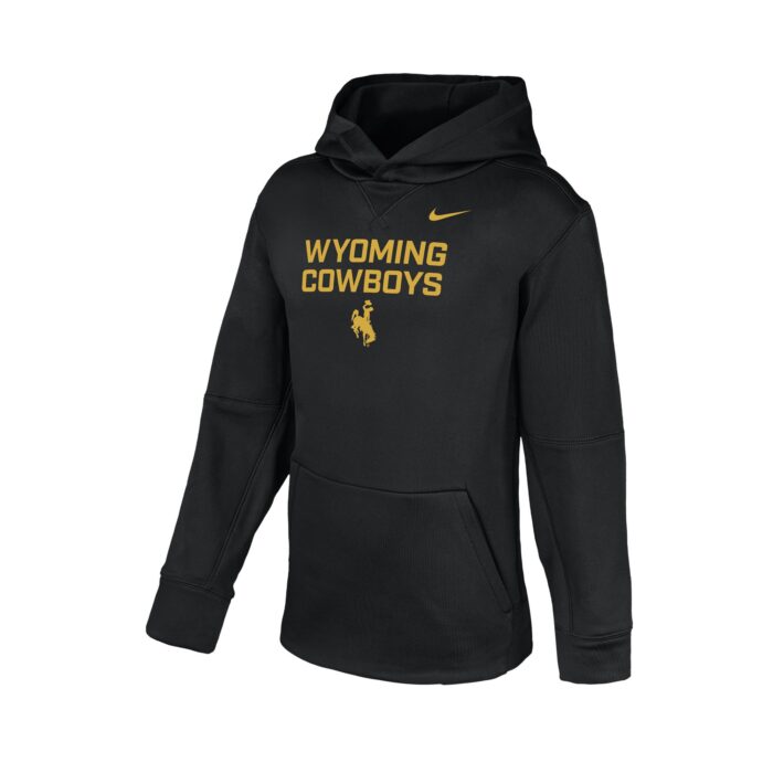 black nike hoodie with gold design center chest. design is wyoming cowboys bucking horse with gold swoosh at top left centered.