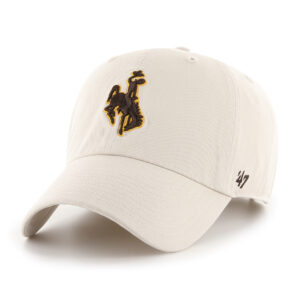 cream structured adjustable hat with embroidered bucking horse on front in brown with gold outline