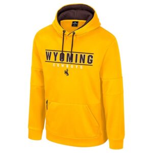 gold sweatshirt with brown inside of hood. wyoming lettering in between two horizontal lines. cowboys lettering below with bucking horse below that. zipper on right side of pocket