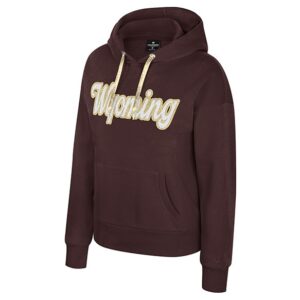 brown women's sweatshirt with gold foil strings. wyoming script in white with gold foil outline