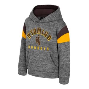 grey youth hood with brown inside of hood. has a brown and gold panel on both shoulders. design is arch wyoming bucking horse cowboys in brown and gold
