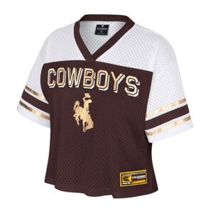front of brown jersey with white top and shoulders. has brown border on neck. gold and brown stipes on sleeves. design is cowboys bucking horse in gold foil with drop shadow
