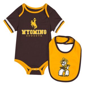 brown and gold infant onesie and bib. Brown onesie with bucking horse and wyoming in gold. bib is gold with brown W