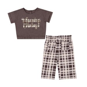 infant outfit. shirt is brown shirt with wyoming cowboys script filled with brown and white plaid. pants are brown and white plaid with two pockets on front and drawstring