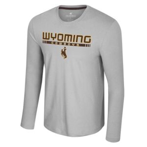 front of grey long sleeve tee with brown design center chest. design is wyoming lettering with cowboys below and bucking horse below that