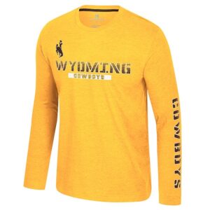 gold long sleeve. design is brown bucking horse left centered with wyoming lettering below in gradient and cowboys below on chest. gradient cowboys going vertical on left sleeve