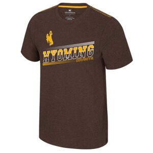 front of brown short sleeve with design center chest. design is gold bucking horse left cetered with wyoming lettering below filled half gold and half brown with cowboys right centered under