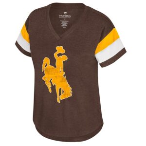 brown v-neck tee wiht gold and white panel sleeve. has big gold bucking horse with white outline front chest