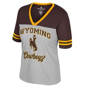 two panel v-neck tee with sleeves and neck brown panel and rest of body grey. has gold rim neck. design is wyoming lettering with bucking horse and cowboys script below