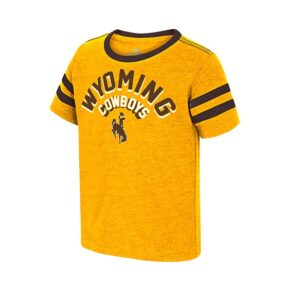 gold youth tee with brown border on neckline and two brown pinstripes on each shoulder. design is center and is arch wyoming cowboys bucking horse in brown and white