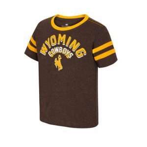 brown youth tee with gold border on neckline and two gold pinstripes on each shoulder. design is center and is arch wyoming cowboys bucking horse in gold and white