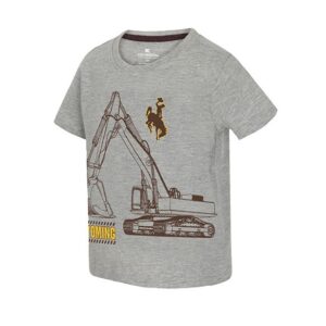 grey youth tee with design covering front. design is brown outlined machine with brown bucking horse left centered above and gold wyoming lettering right centered below bucket