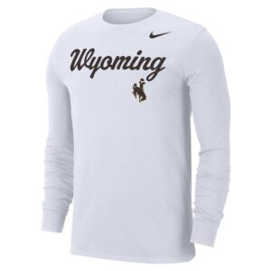 white nike long sleeve tee with design center chest. design is brown wyoming script lettering with bucking horse left centered below and nike sign left centered above