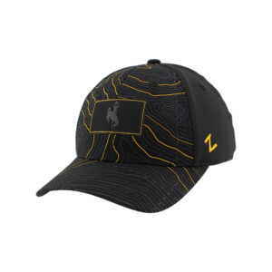 black hat with gold and grey abstract lines covering front panel and bill. has black rectangle patch with grey bucking horse in middle embroidered on front panel