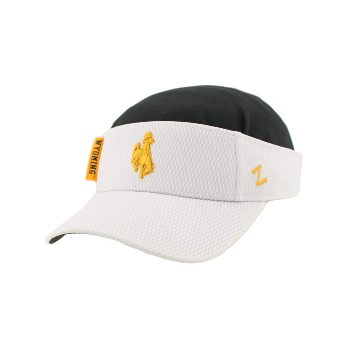 white visor with gold embroidered bucking horse on front. has gold wyoming tag on right