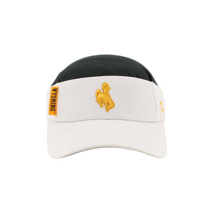 white visor with gold embroidered bucking horse on front. has gold wyoming tag on right