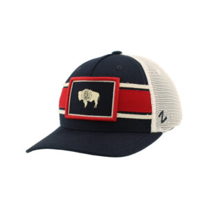 navy hat with white mesh back. has white and red stripe across front panel with a state flag patch brought to front. all embroidered on