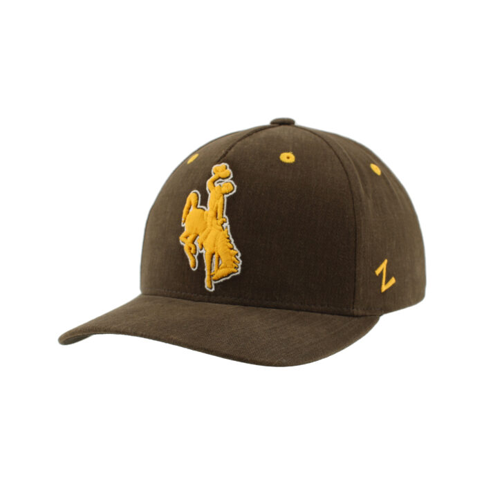brown hat with gold embroidered bucking horse on front with white outline