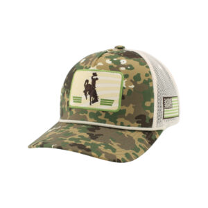 camo hat with white mesh backing. has white rope across bill. has a rectangle patch with green outline and brown bucking horse in the middle