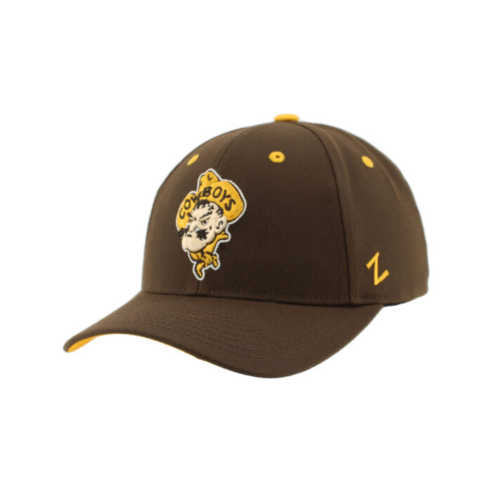 brown adjustable hat with pistol petes face embroidered center on front panel in gold brown and white.