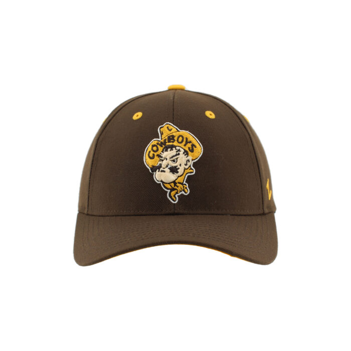 brown adjustable hat with pistol petes face embroidered center on front panel in gold brown and white.
