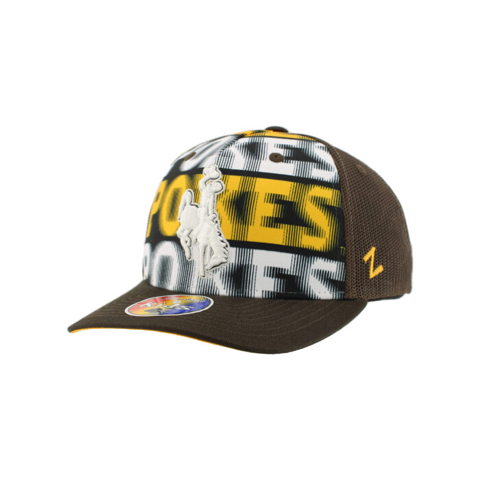 brown youth hat with holographic front panel that says pokes in white and gold with white bucking horse embroidered on front panel.
