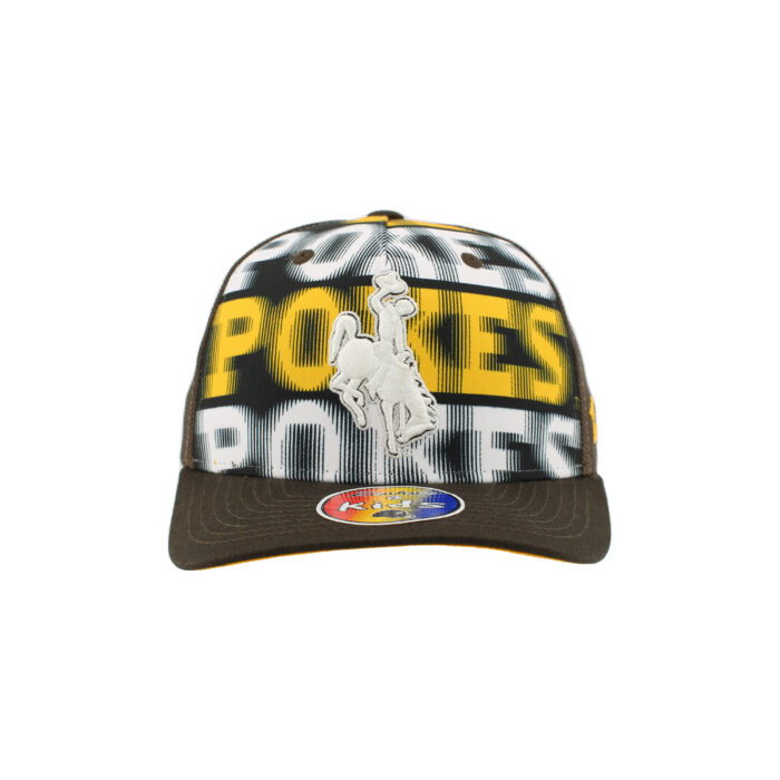brown youth hat with holographic front panel that says pokes in white and gold with white bucking horse embroidered on front panel.