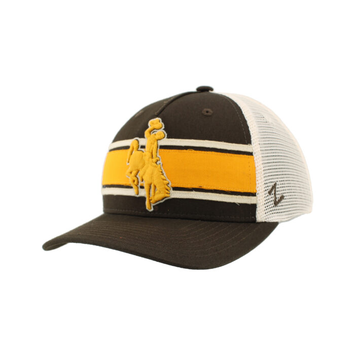 brown hat with tan mesh baclk. has embroidered gold and white stripes with a gold bucking horse brought to front on the front panel