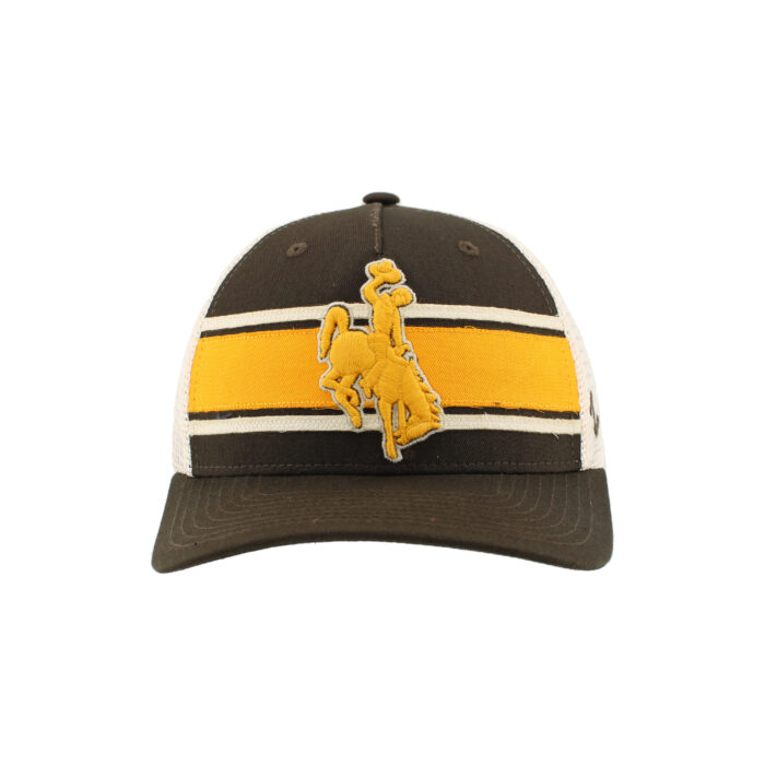 brown hat with tan mesh baclk. has embroidered gold and white stripes with a gold bucking horse brought to front on the front panel
