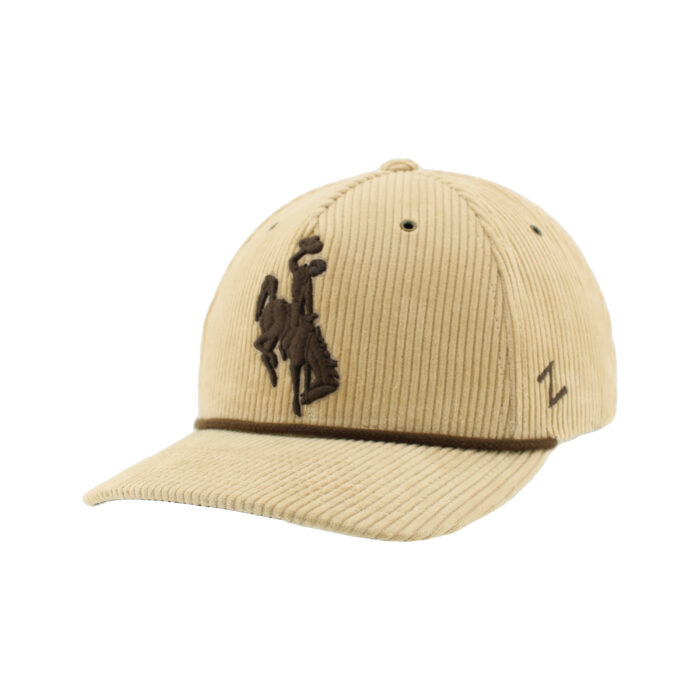 tan corduroy hat with brown rope across bill and brown embroidered bucking horse centered on front panel