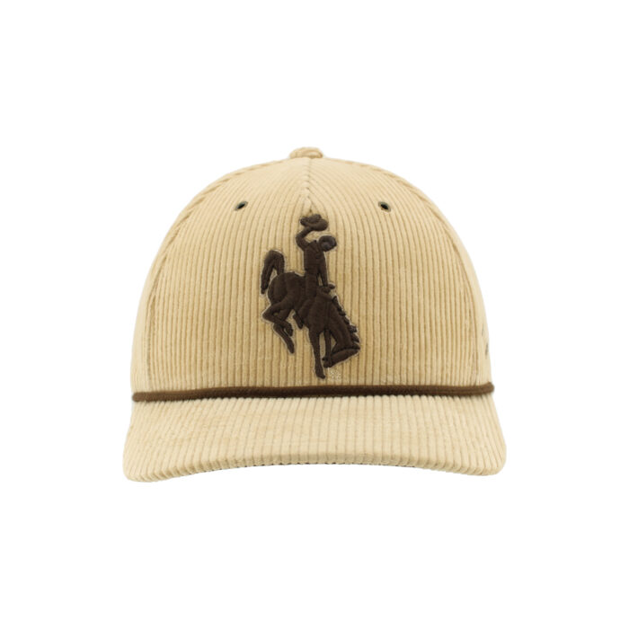 tan corduroy hat with brown rope across bill and brown embroidered bucking horse centered on front panel