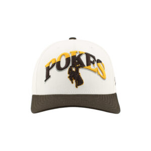 adjustable hat with white body and brown bill. has gold and brown gradient pokes embroidered with brown bucking horse below all on front panel